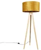 Dřevěná stojací lampa s zlatým látkovým stínítkem 50 cm