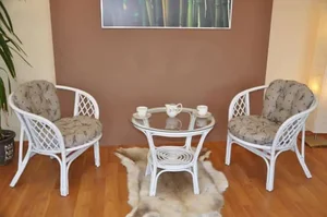 Bahama 2+1 Sedací souprava z ratanu, bílá s levandulovým polstrem