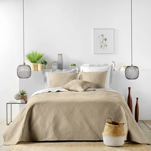 Béžový prošívaný set přehozu a povlaku na polštář z mikrovlákna 240×220 cm