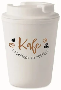 Bílý termohrnek s nápisem KAFE S DONÁŠKOU DO POSTELE, 300 ml