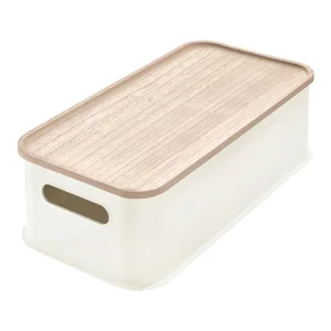 Bílý úložný box Eco s víkem Paulownia, iDesign, 21,3 × 43 cm