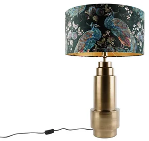 Bronzová stolní lampa s tyrkysovým sametovým stínítkem a zlatými detaily