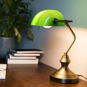 Bronzová stolní lampa s zeleným sklem a stmívačem