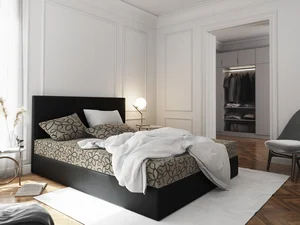 Čalouněná postel CESMIN 180×200 cm, krémová se vzorem a černou ekokůží