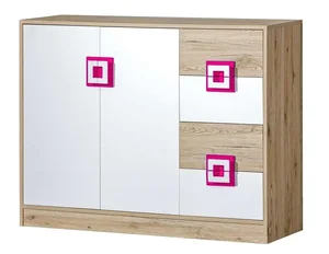 Casarredo NIKO 8 – široká komoda dub jasný / bílá, růžové úchyty