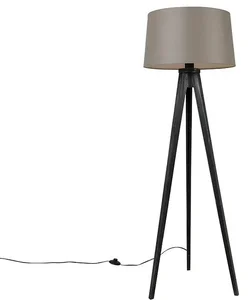 Černá stojací lampa s lněným stínítkem a třemi nohami