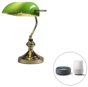 Chytrá mosazná stolní lampa se zeleným sklem