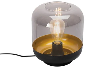 Designová černá stolní lampa s zlatými detaily a kouřovým sklem