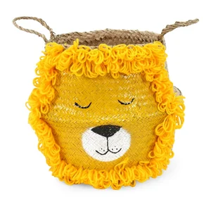 Dětský koš na hračky z mořské trávy, 30×28 cm, žluto-přírodní