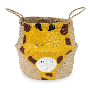Dětský koš na hračky z mořské trávy, Giraffe – Compactor, žluto-přírodní Ø30×28 cm