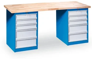 Dílenský pracovní stůl GD s 10 zásuvkami a úložnými boxy