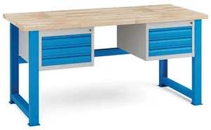 Dílenský stůl KOVONA s 6 zásuvkami, buková spárovka, pevná konstrukce, 1700 mm