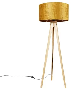 Dřevěná stojací lampa s zlatým látkovým stínítkem 50 cm
