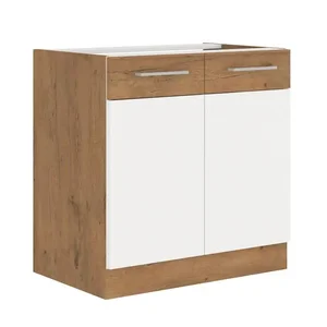 Dřezová skříňka VEGA 80 ZL 2F BB – bílá, extra vysoký lesk HG / dub Lancelot