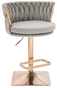 Elegantní barová stolička LYON VELUR se zlatým hranatým podstavcem - světle šedá