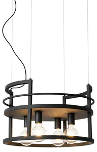 Elegantní černé průmyslové závěsné svítidlo se čtyřmi světly a policemi - Cage Rack