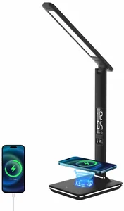 Elegantní LED stolní lampa Immax KINGFISHER Qi s bezdrátovým a USB nabíjením - černá