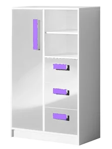 Komoda BLOURT 1D3S – bílý lesk a fialové úchyty