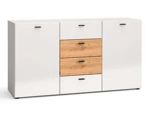 Komoda LUCENCE – bílý mat, dvířka s bílým leskem a dub artisan