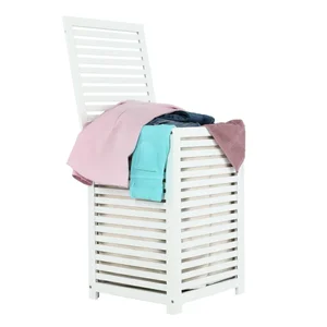 Koš na prádlo BASKET – bílý lakovaný bambus, béžový pytel