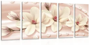 Luxusní 5dílný obraz s magnoliemi a perlami