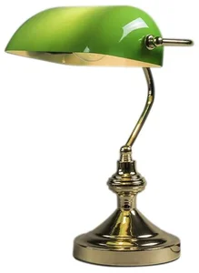 Mosazná stolní lampa s zeleným sklem