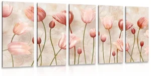 Nádherný 5-dílný set obrazů s růžovými tulipány