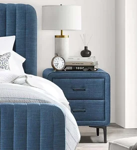Noční stolek HUMP, čalouněný, modrá látka