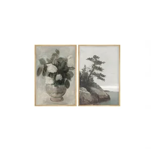 Obraz s květinovou vázou a skalou u jezera, sada 2×30×40 cm