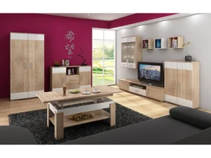 Obývací stěna DAMARA, dub sonoma světlý / bílý lesk