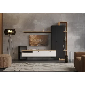 Obývací stěna DENISO – černá/bílá/dub craft zlatý