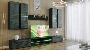 Obývací stěna KANEOT s LED osvětlením, černá a Sahara lesk