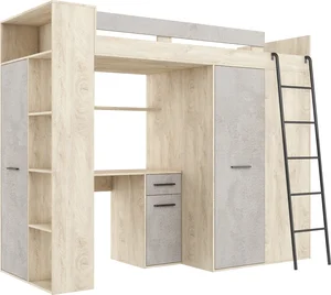 Patrová postel DIRARO – pravá, dub endgrain / beton šedý, 5 let záruka