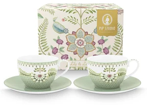 Pip Studio Lily & Lotus Sada 2 Cappuccino Šálků s Podšálky, Zelená