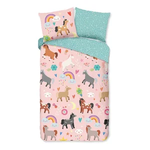 Povlečení Horses Good Morning pro jednolůžko 140×220 cm – růžovo-tyrkysové