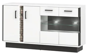 Prosklená komoda SIGOURNEY 4D, bílá/černá, vysoký lesk