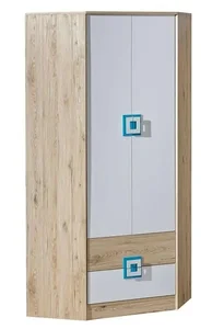 Rohová šatní skříň NIKO 2 – dub jasný, bílá mat a tyrkys