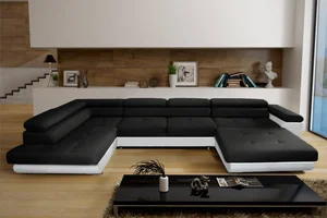 Rohová sedačka LAING U mini+ L – levá, černá látka a bílá ekokůže