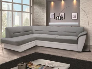 Rohová sedačka WILUNA, levá, se záhlavím – šedá látka / bílá ekokůže