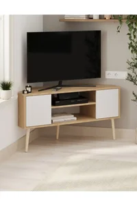 Rohový TV stolek KIBRIS – bílá a dub safírový