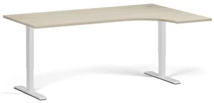 Rohový výškově nastavitelny stůl 180x120 cm, 2 motory, bílá s dubovou deskou