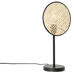 Rustikální černá stolní lampa s ratanovým stínidlem