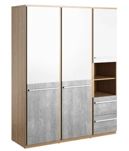 Šatní skříň FLAMY 01 3D2S – dub Nash, šedá a bílá