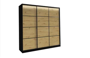 Šatní skříň HARAZIA 200 bez zrcadla – 2 tyče, 4 šuplíky, černý mat/dub artisan