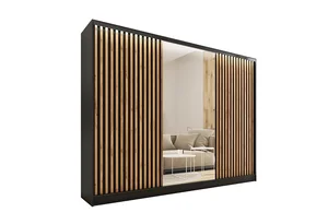 Šatní skříň INSULAR 3D 250 s posuvnými dveřmi a zrcadlem, černý mat/dub Wotan