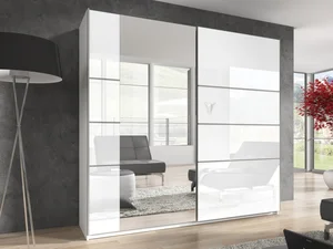 Šatní skříň se zrcadlem 221 cm, bílá/bílý lesk