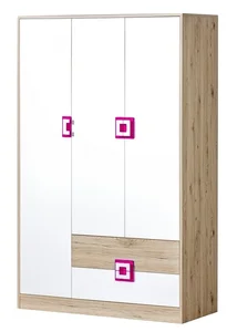 Šatní skříň UWARA 3-dveřová dub jasný, bílá a růžová