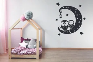 Sova a měsíc samolepka na zeď, 55x60cm, mátová zelená