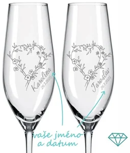 Svatební skleničky na sekt Rozkvetlá srdce s krystaly Preciosa – 2 ks