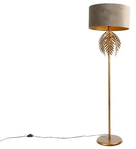 Vintage zlatá stojací lampa s béžovým sametovým stínítkem